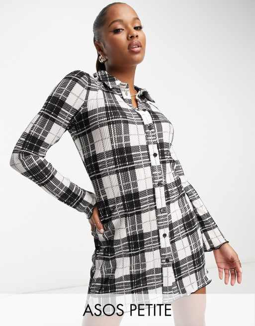 ASOS DESIGN Petite plisse long sleeve mini shirt dress in check