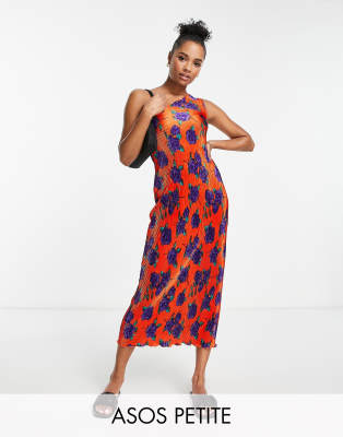 Asos Petite Asos Design Petite Plisse One Shoulder Midi Dress In Orange And Blue Floral-multi