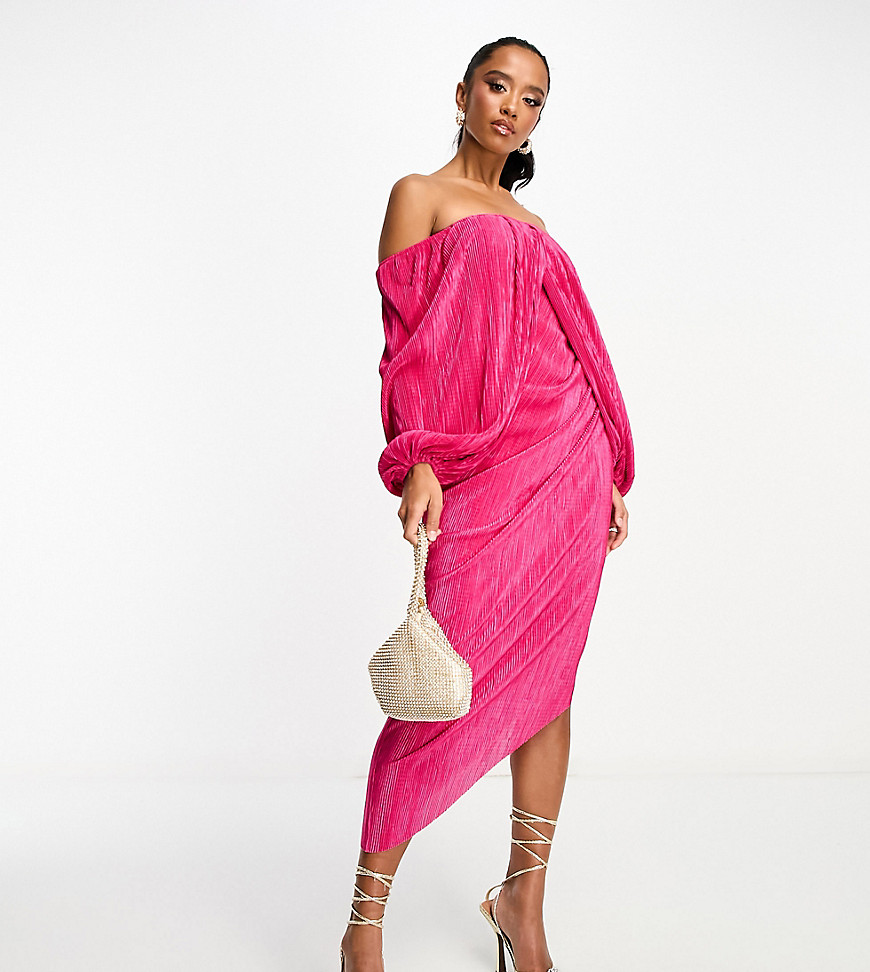 ASOS DESIGN Petite plisse overlay midi dress with open back detail in pink