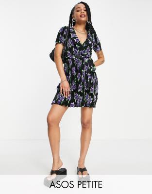 Asos Petite Asos Design Petite Plisse Short Sleeve Ruffle Wrap Mini Dress In Black And Blue Rose Print-multi