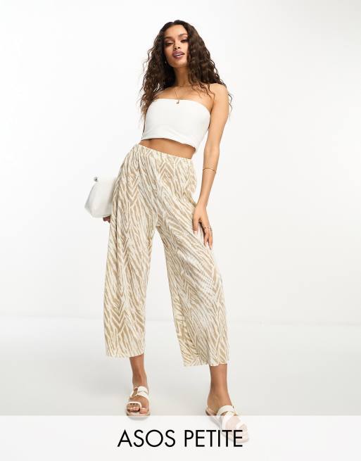 ASOS DESIGN Petite plisse wide leg pants culottes in khaki animal