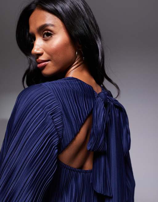 ASOS DESIGN Petite plisse wide sleeve mini dress with back bow detail in navy, 2 of 4