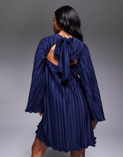 ASOS DESIGN Petite plisse wide sleeve mini dress with back bow detail in navy, 4 of 4