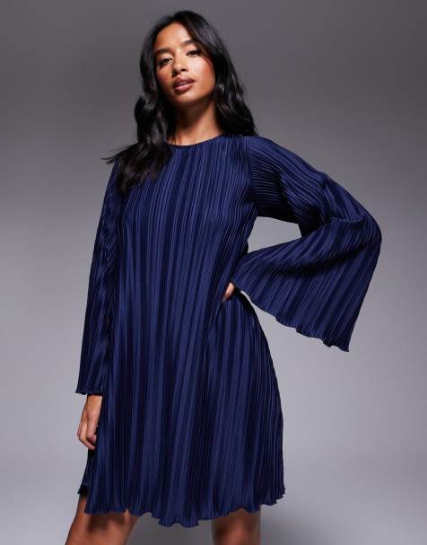 ASOS DESIGN Petite plisse wide sleeves mini dress with back bow detail in navy - view 1