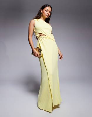 ASOS DESIGN Petite - Plissiertes Maxikleid in Buttermilchgelb mit asymmetrischem One-Shoulder-Träger und verdrehtem Rock