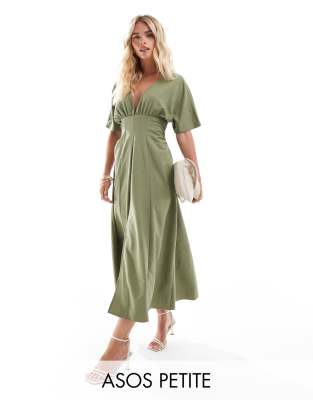 ASOS DESIGN Petite plunge angel sleeve midi dress in khaki-Green