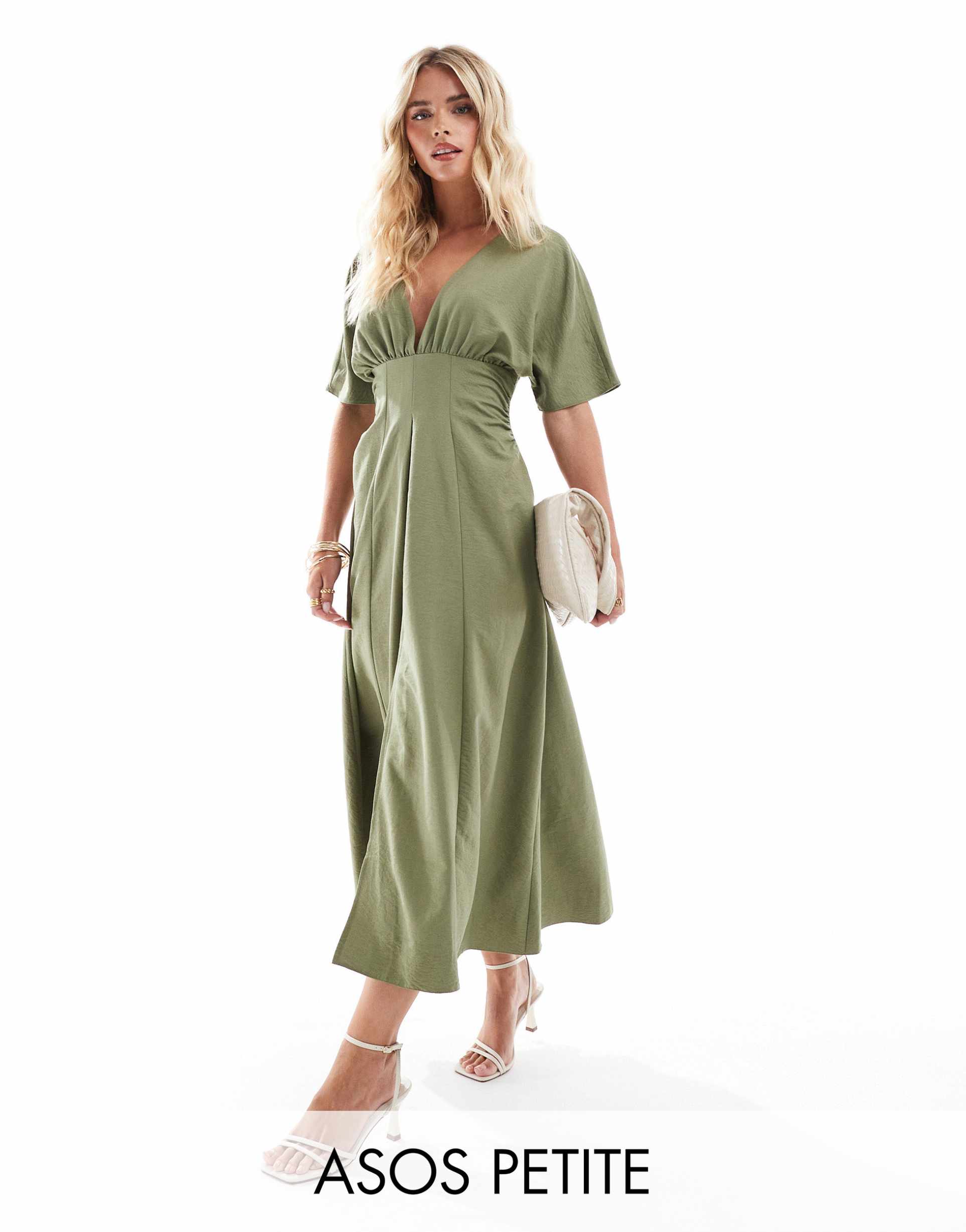 asos design petite plunge angel sleeve midi dress in khaki