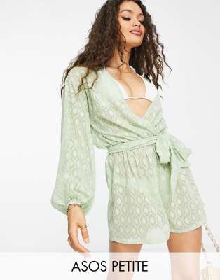 ASOS DESIGN ASOS DESIGN Petite plunge beach playsuit in floaty sheer jacquard in sage-Pink