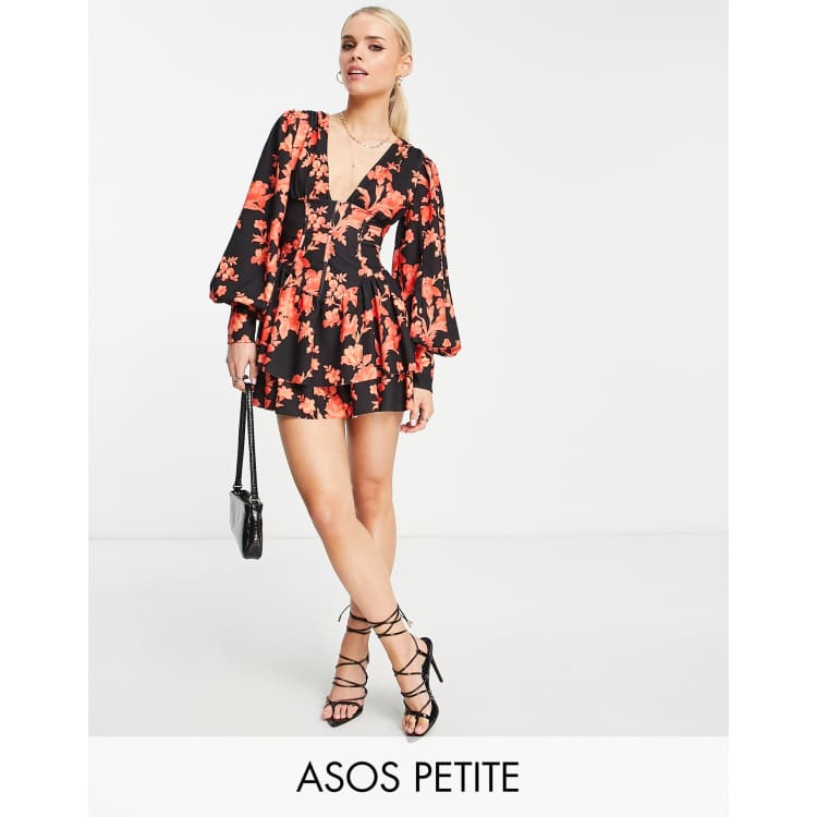 ASOS DESIGN Petite plunge blouson sleeve corset mini dress in red and white  print