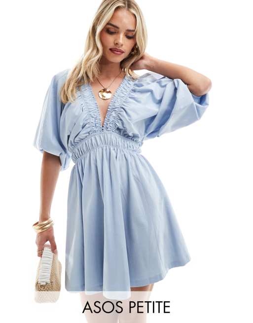 FhyzicsShops DESIGN Petite plunge elastic tea mini dress with ruched waist in baby blue