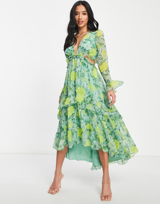 ASOS DESIGN Petite plunge front ruffle printed floral midi dress with lattice tie back detail