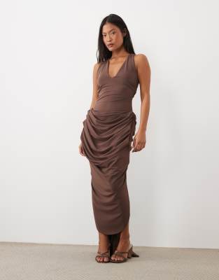 Asos Petite Asos Design Petite Plunge Neck Midi Dress With Open Back & Train Detail In Brown