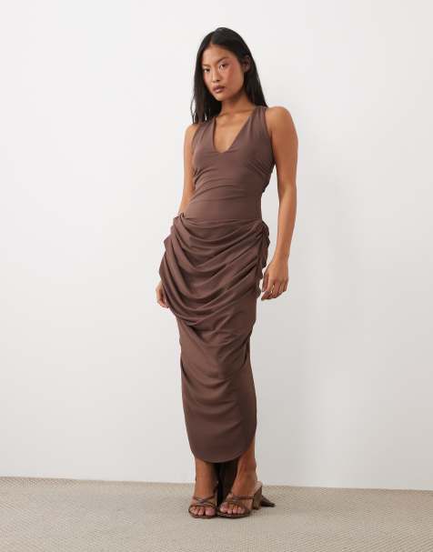 ASOS DESIGN Petite plunge neck midi dress with open back & train detail in chocolate - view 1