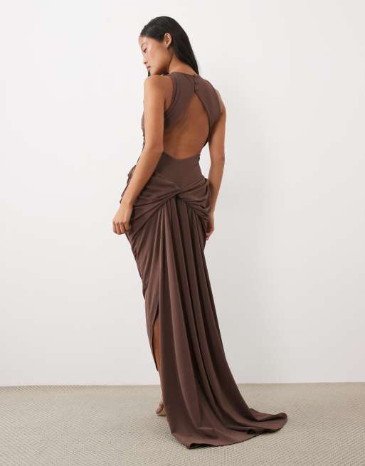 ASOS DESIGN Petite plunge neck midi dress with open back & train detail in chocolate, 4 of 4