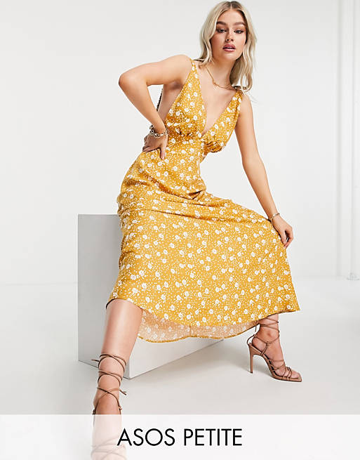  Petite plunge neck with elasticated straps maxi dress in yellow print 