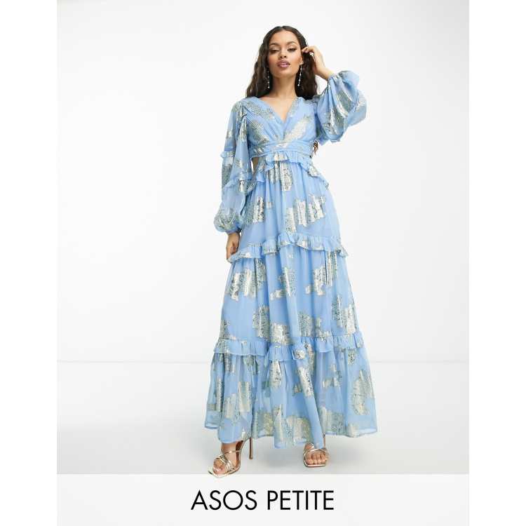 ASOS DESIGN Petite plunge pintuck maxi dress with cut out and frills in  blue metallic floral jacquard