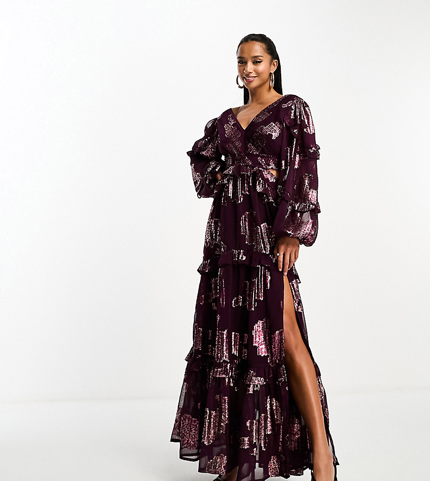 Asos Petite Asos Design Petite Plunge Pintuck Maxi Dress With Cut Out And Frills In Oxblood Metallic Floral Jacq In Gray
