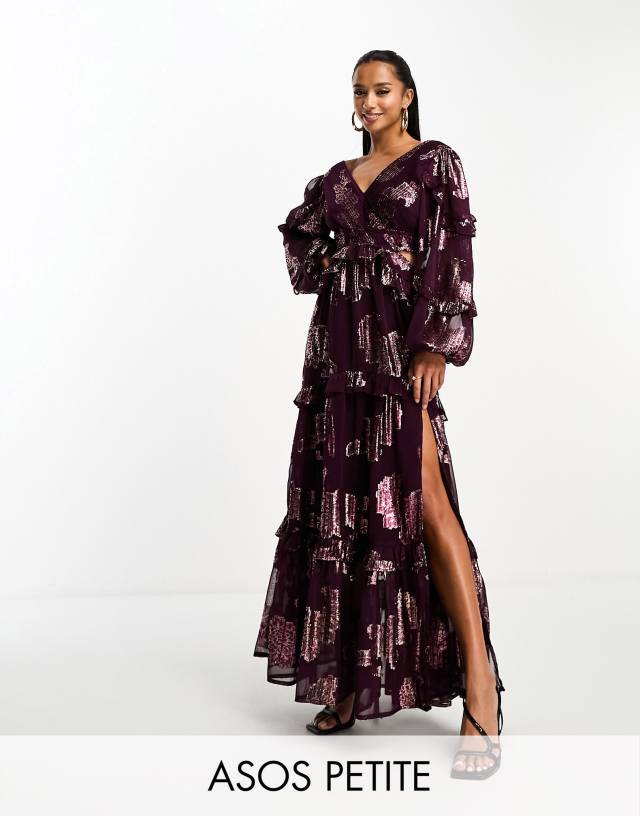 ASOS Petite - ASOS DESIGN Petite plunge pintuck maxi dress with cut out and frills in oxblood metallic floral jacquard