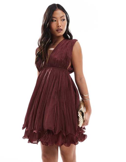 ASOS DESIGN Petite plunge pleated mini skater dress in cherry red