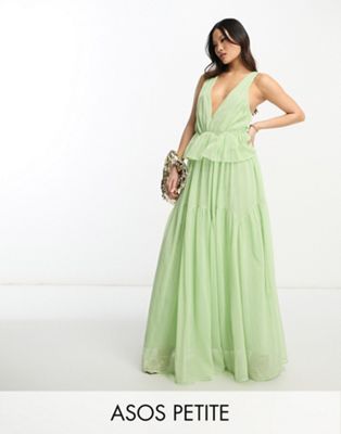 Asos Petite Asos Design Petite Plunge Pleated Tiered Maxi Dress In Sage Green