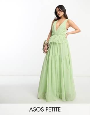 Asos Petite Asos Design Petite Plunge Pleated Tiered Maxi Dress In Sage Green