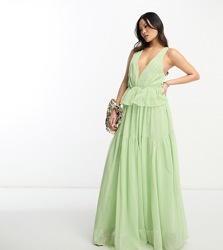 ASOS DESIGN Petite plunge pleated tiered maxi dress in sage green