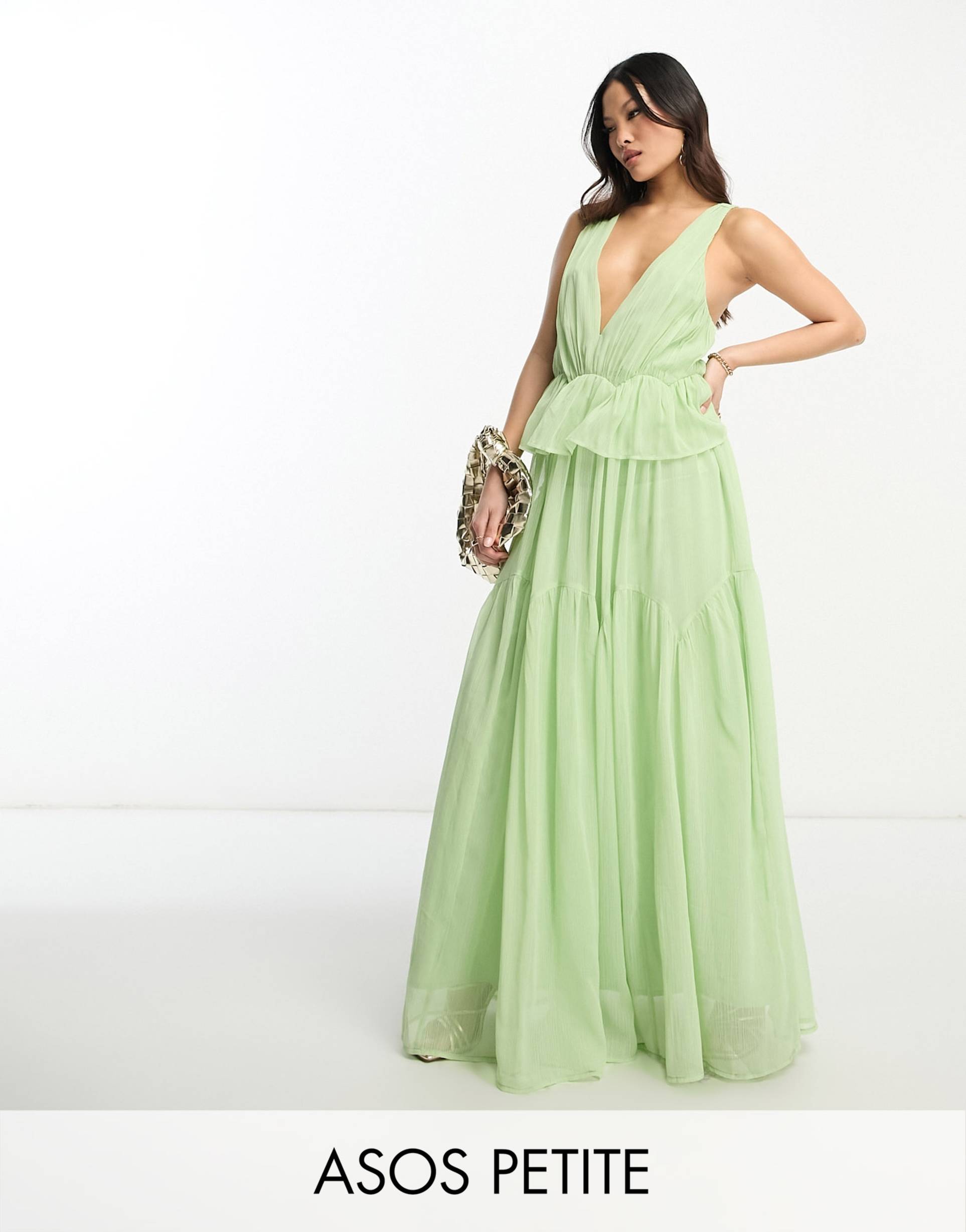 asos design petite plunge pleated tiered maxi dress in sage green