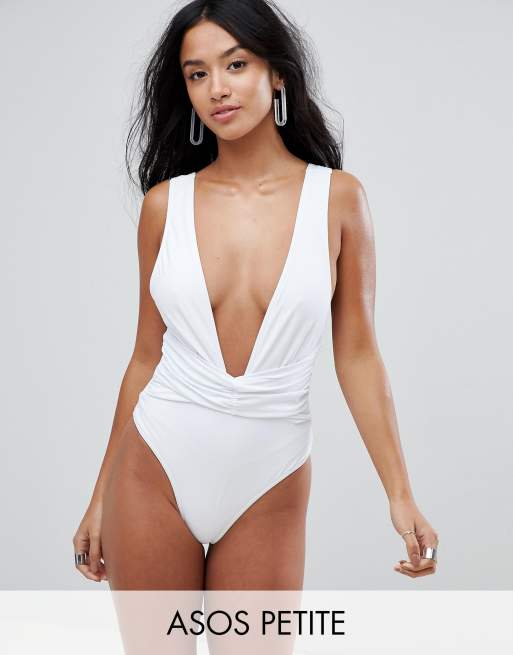 ASOS DESIGN Petite Plunge Ruched Front Swimsuit