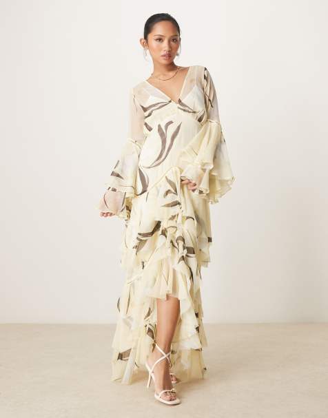 ASOS DESIGN Petite plunge ruffle tiered maxi dress with lace inserts in lemon floral print - view 1