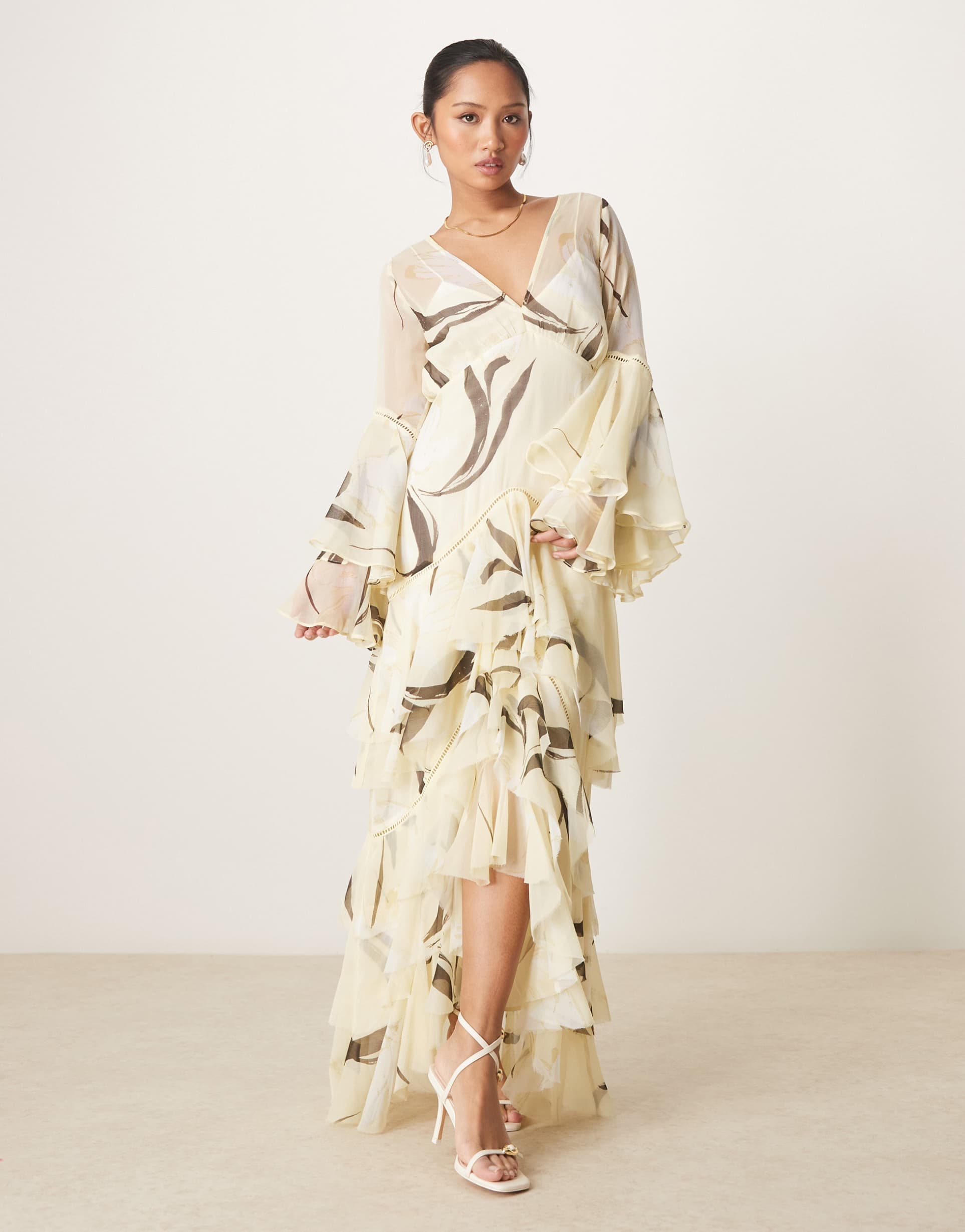 asos design petite plunge ruffle tiered maxi dress with lace inserts in lemon floral print