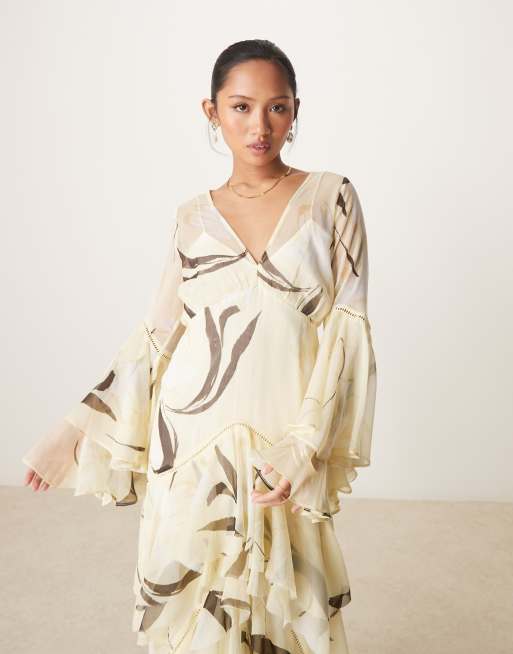 asos edition floral embroidered tiered maxi dress in lemon ASOS EDITION floral embroidered mesh midi dress with blouson sleeves in  lemon