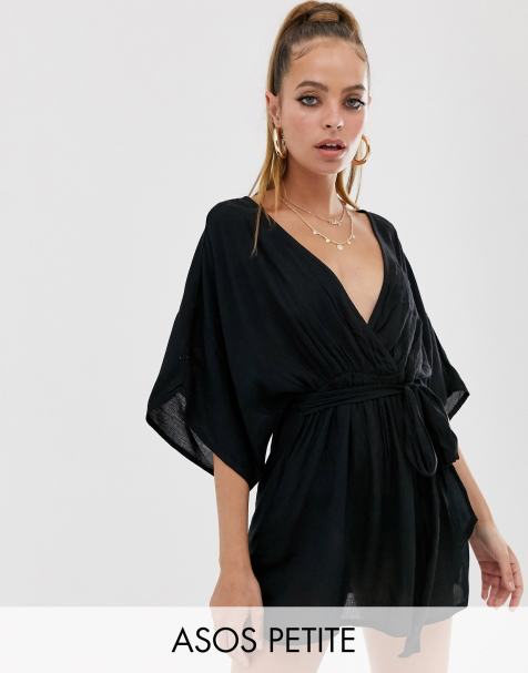 ASOS DESIGN Petite plunge tie waist kimono sleeve crinkle beach cover up in black