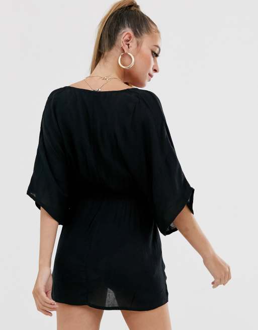 ASOS DESIGN Petite plunge tie waist kimono sleeve crinkle beach cover up in  black