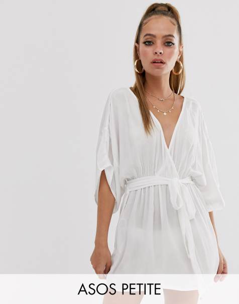ASOS DESIGN Petite plunge tie waist kimono sleeve crinkle beach cover up in white