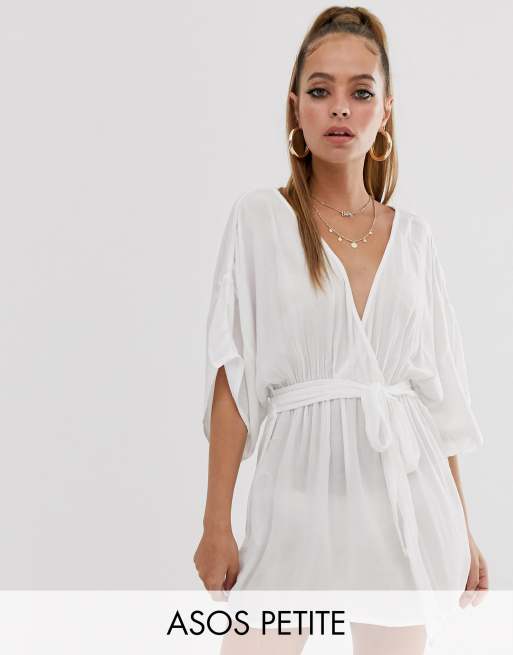 Asos Design Petite Plunge Tie Waist Kimono Sleeve Crinkle Beach Cover Up In White