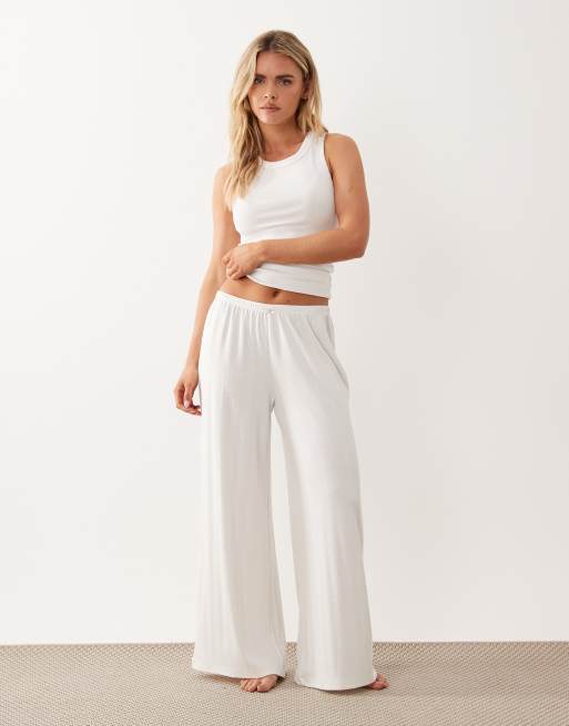 ASOS DESIGN Petite pointelle wide leg pyjama trousers with rosebud trim in white, 2 of 4