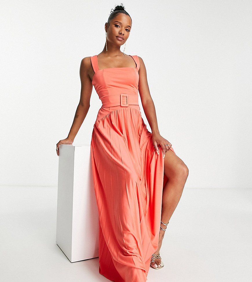 Asos Petite Asos Design Petite Square Neck Dropped Waist Belted Pleat Maxi Dress In Hot Coral - Bpink In Pink