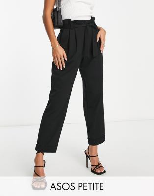 ASOS DESIGN Petite ponte peg pants with paperbag tie waist in black