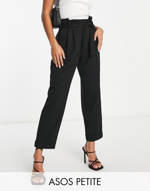 ASOS DESIGN Petite ponte peg pants with paperbag tie waist in black | ASOS