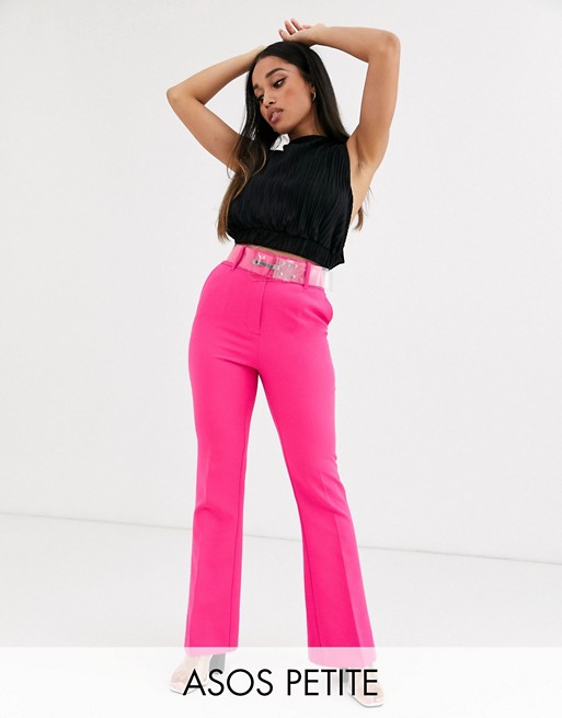 ASOS DESIGN Petite pop pink slim kick flare trousers with clear belt