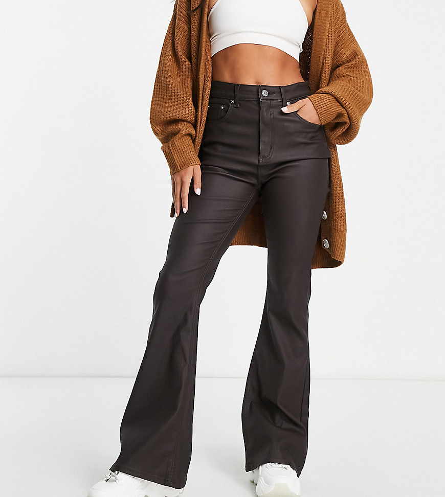 ASOS DESIGN Petite power stretch flared jeans in coated chocolate brown
