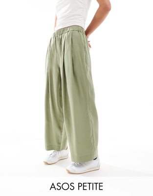 ASOS DESIGN Petite premium casual pull on trousers with pleat detail in washed khaki-Green