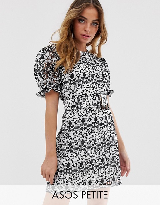 ASOS DESIGN Petite premium contrast lace mini dress with puff sleeves and belt