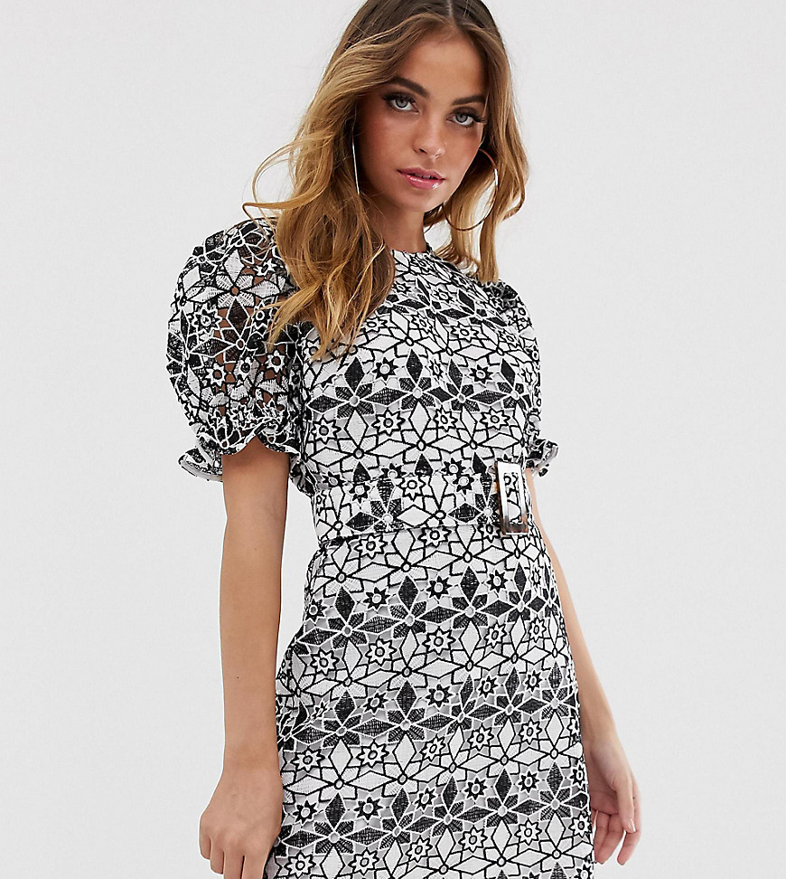 ASOS DESIGN Petite premium contrast lace mini dress with puff sleeves and belt-Multi