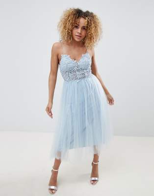 asos design lace top tulle midi dress