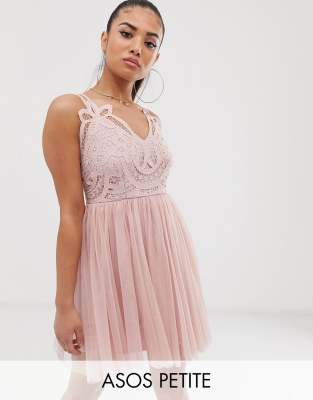 ASOS DESIGN Petite Premium lace top tulle cami mini dress-Pink