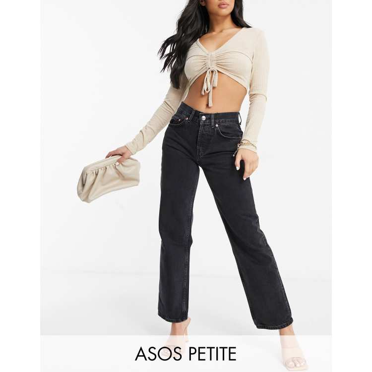 ASOS DESIGN Petite premium mid rise straight leg jeans in washed black -  MBLUE