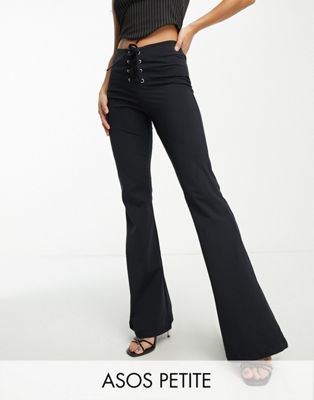 ASOS DESIGN Petite premium poly tricot lace up front flare trouser in black - ASOS Price Checker