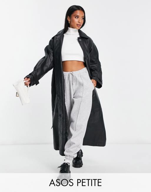 ASOS DESIGN Petite - Premium - Sort trenchcoat i ægte læder