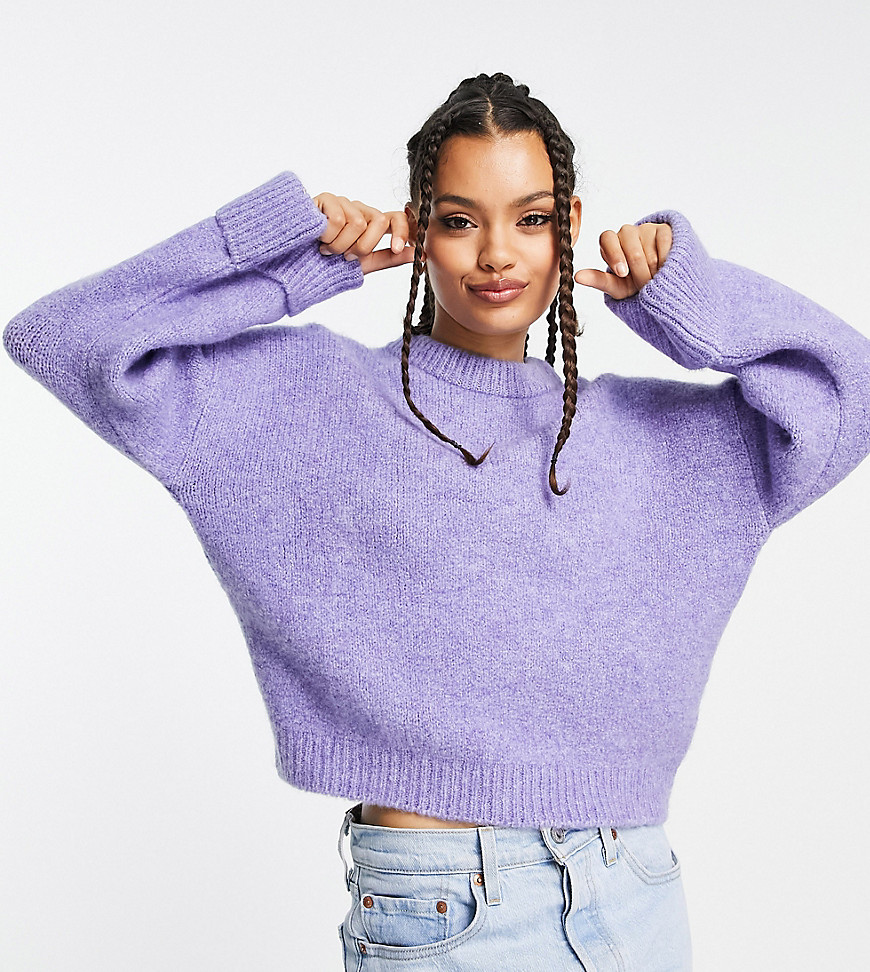 ASOS DESIGN Petite premium sweater with turn back cuff in wool blend yarn in lilac-Purple